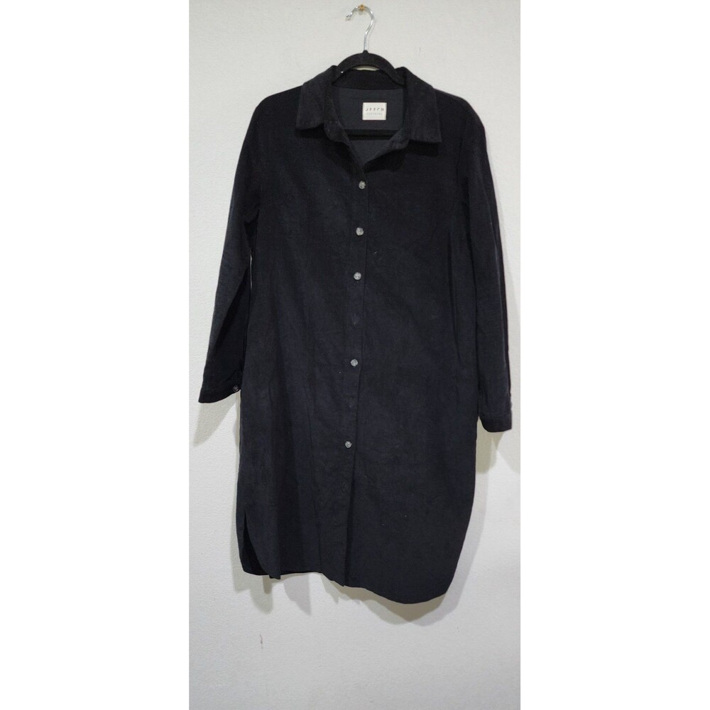 OFFON CLOTHING Corduroy Button Front Midi Shirt Dress Black Pockets Size L